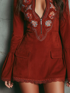 Vintage Rust Red Bell Sleeve Embroidered Faux Suede Lace Mini Dress - Bohemian Chic