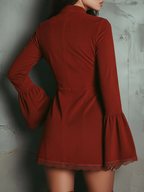 Vintage Rust Red Bell Sleeve Embroidered Faux Suede Lace Mini Dress - Bohemian Chic