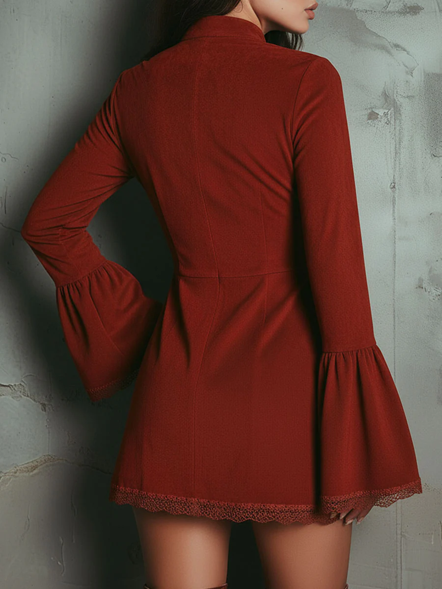 Vintage Rust Red Bell Sleeve Embroidered Faux Suede Lace Mini Dress - Bohemian Chic