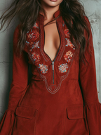 Vintage Rust Red Bell Sleeve Embroidered Faux Suede Lace Mini Dress - Bohemian Chic