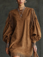 Vintage Brown Suede Fringed Puff Sleeve Mini Dress - Western Chic Boho Festival Wear