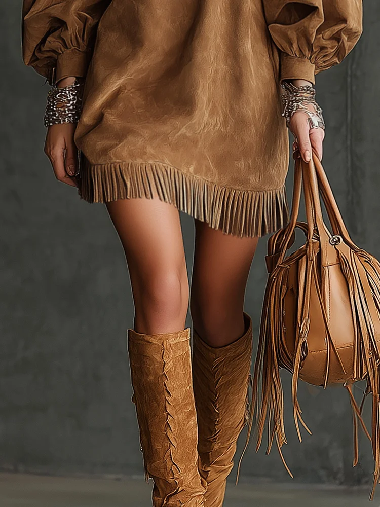 Vintage Brown Suede Fringed Puff Sleeve Mini Dress - Western Chic Boho Festival Wear