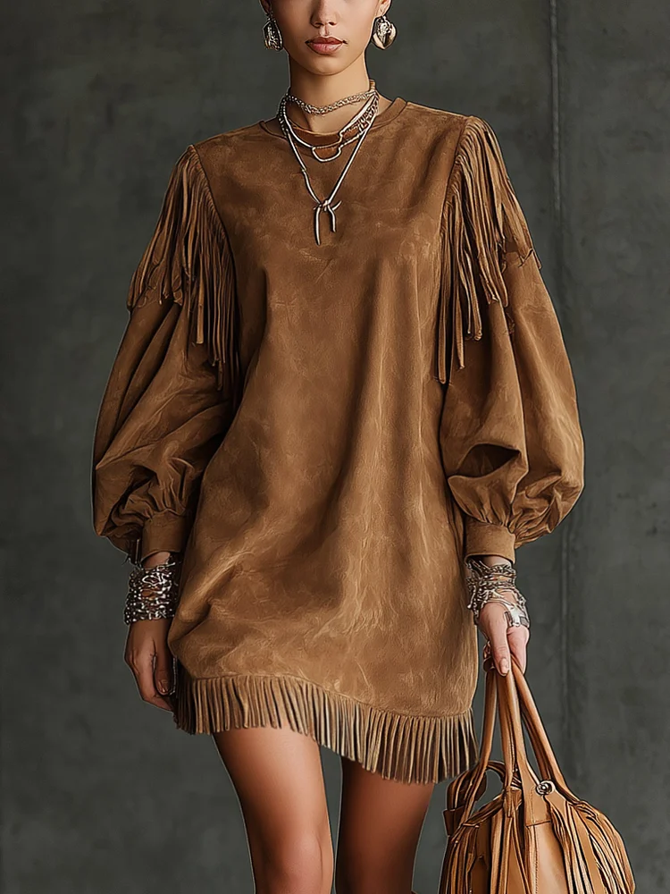 Vintage Brown Suede Fringed Puff Sleeve Mini Dress - Western Chic Boho Festival Wear