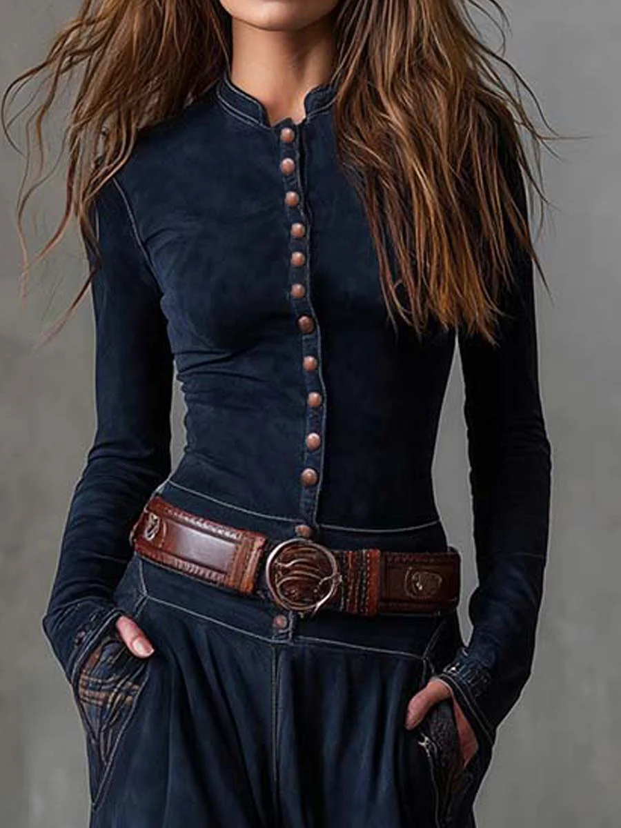 Vintage Navy Plaid Suede Maxi Dress with Belt - Retro Bohemian Style