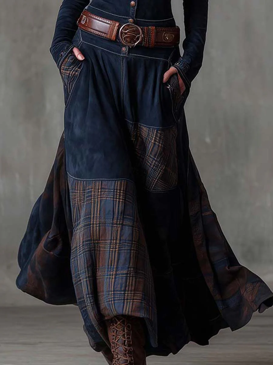 Vintage Navy Plaid Suede Maxi Dress with Belt - Retro Bohemian Style