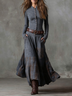 Vintage Navy Plaid Suede Maxi Dress with Belt - Retro Bohemian Style