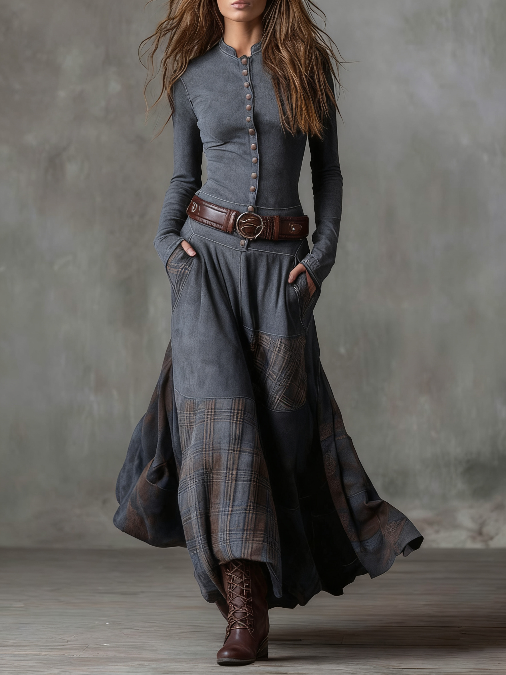 Vintage Navy Plaid Suede Maxi Dress with Belt - Retro Bohemian Style