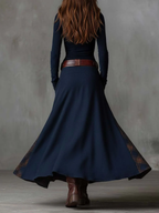 Vintage Navy Plaid Suede Maxi Dress with Belt - Retro Bohemian Style