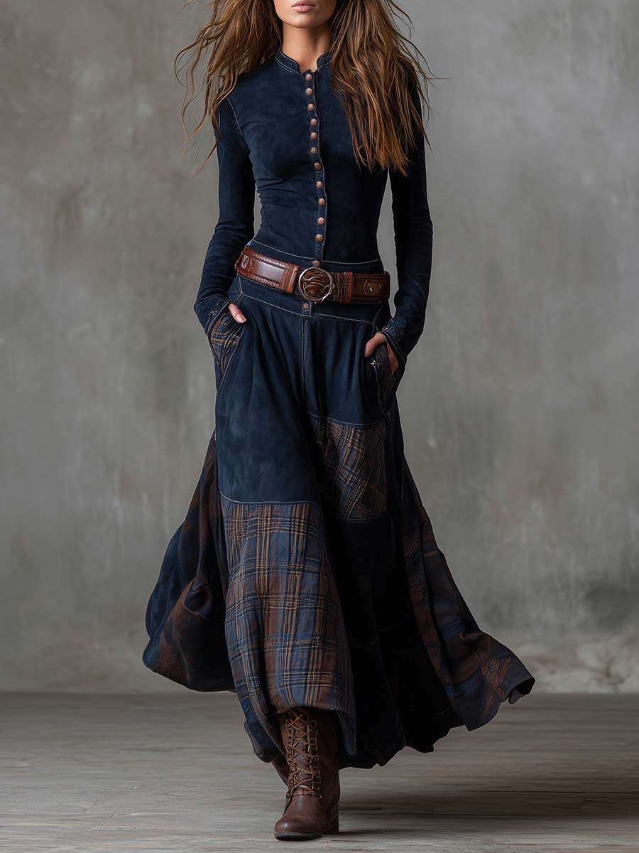 Vintage Navy Plaid Suede Maxi Dress with Belt - Retro Bohemian Style