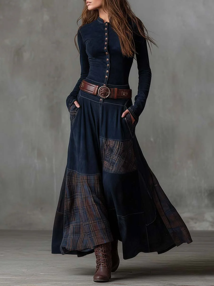 Vintage Navy Plaid Suede Maxi Dress with Belt - Retro Bohemian Style