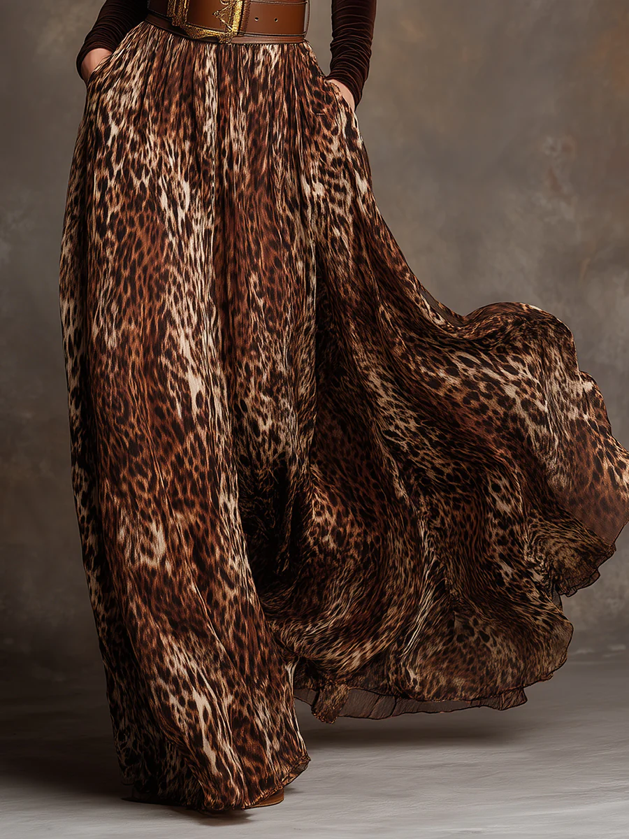 Chic Velvet Turtleneck Top & Leopard Print Maxi Skirt Set with Belt - Elegant & Wild Fusion