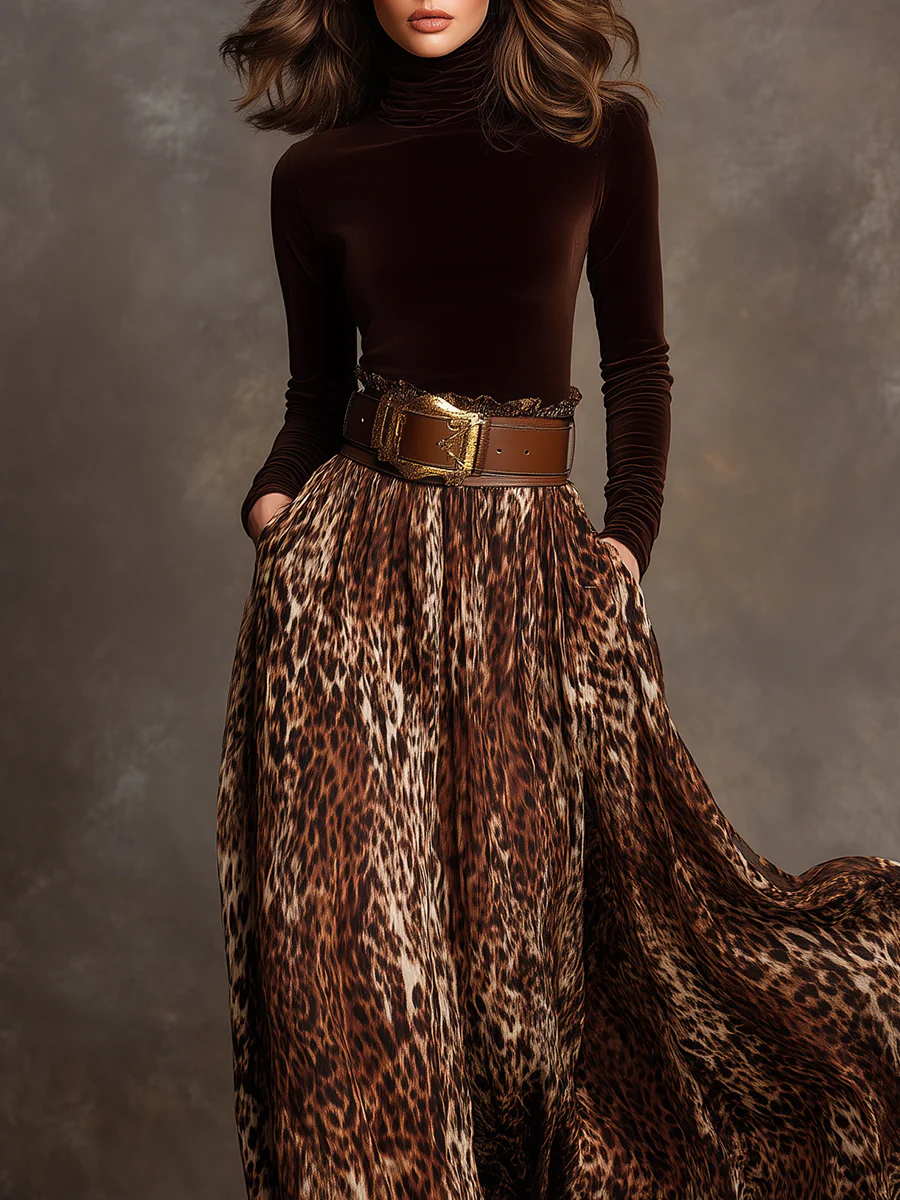 Chic Velvet Turtleneck Top & Leopard Print Maxi Skirt Set with Belt - Elegant & Wild Fusion