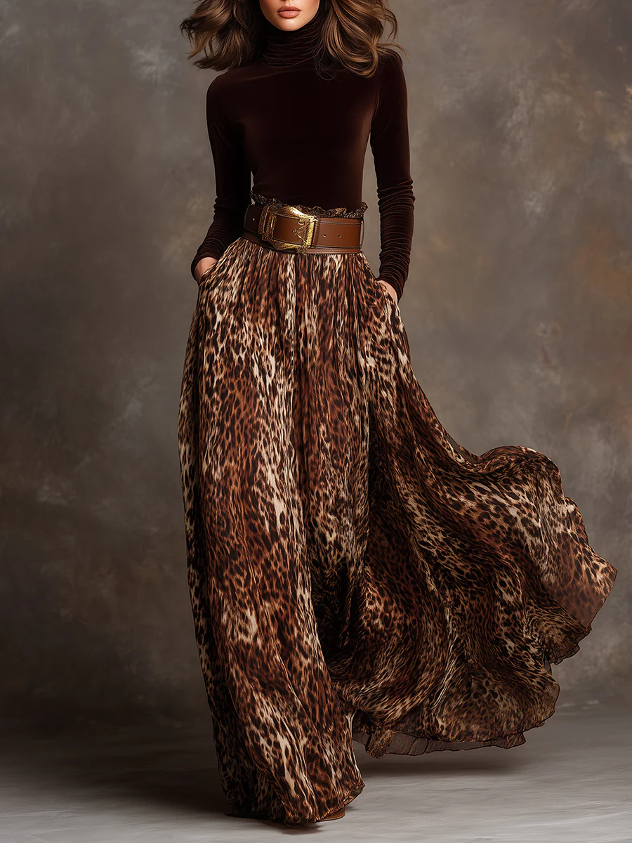 Chic Velvet Turtleneck Top & Leopard Print Maxi Skirt Set with Belt - Elegant & Wild Fusion