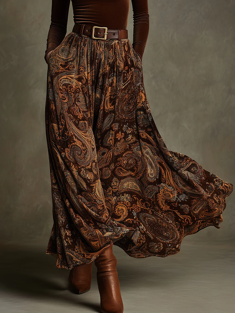 Elegant Vintage Stretch Velvet Top & Paisley Print Maxi Skirt Set with Belt - Timeless Style