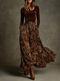 Elegant Vintage Stretch Velvet Top & Paisley Print Maxi Skirt Set with Belt - Timeless Style
