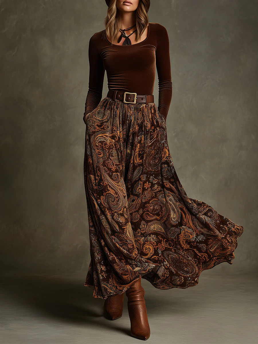 Elegant Vintage Stretch Velvet Top & Paisley Print Maxi Skirt Set with Belt - Timeless Style