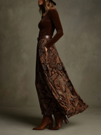 Elegant Vintage Stretch Velvet Top & Paisley Print Maxi Skirt Set with Belt - Timeless Style