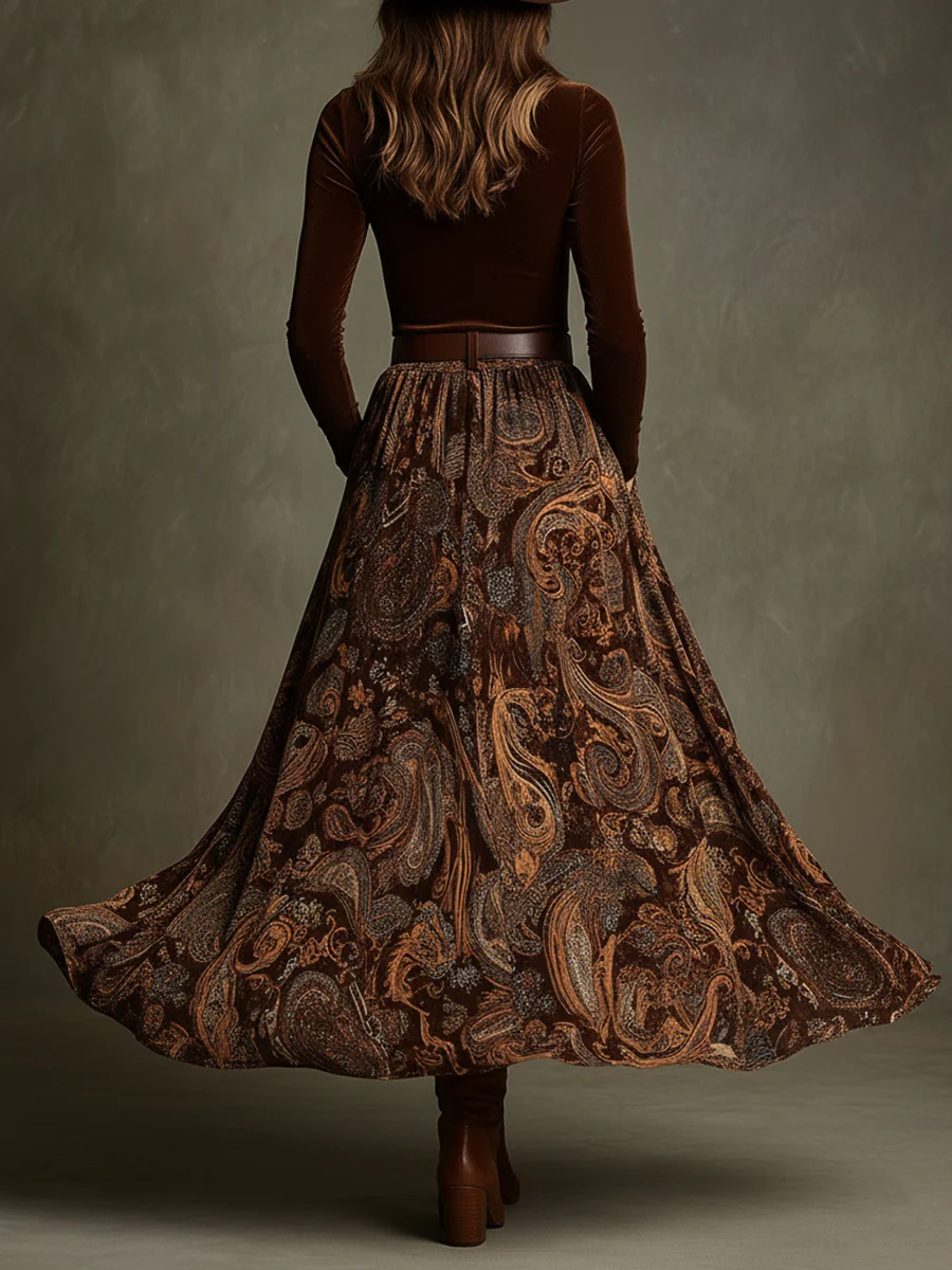 Elegant Vintage Stretch Velvet Top & Paisley Print Maxi Skirt Set with Belt - Timeless Style