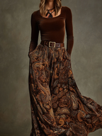 Elegant Vintage Stretch Velvet Top & Paisley Print Maxi Skirt Set with Belt - Timeless Style
