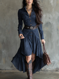 Retro Blue Lapel Button Pocket Flowy Midi Dress with Belt - Suede Knee-Length Vintage Style