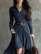 Retro Blue Lapel Button Pocket Flowy Midi Dress with Belt - Suede Knee-Length Vintage Style