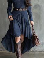 Retro Blue Lapel Button Pocket Flowy Midi Dress with Belt - Suede Knee-Length Vintage Style
