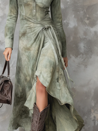 Vintage Sage Green Tie-Dye Pocket Slim Fit Maxi Dress - Flattering, Versatile, Chic