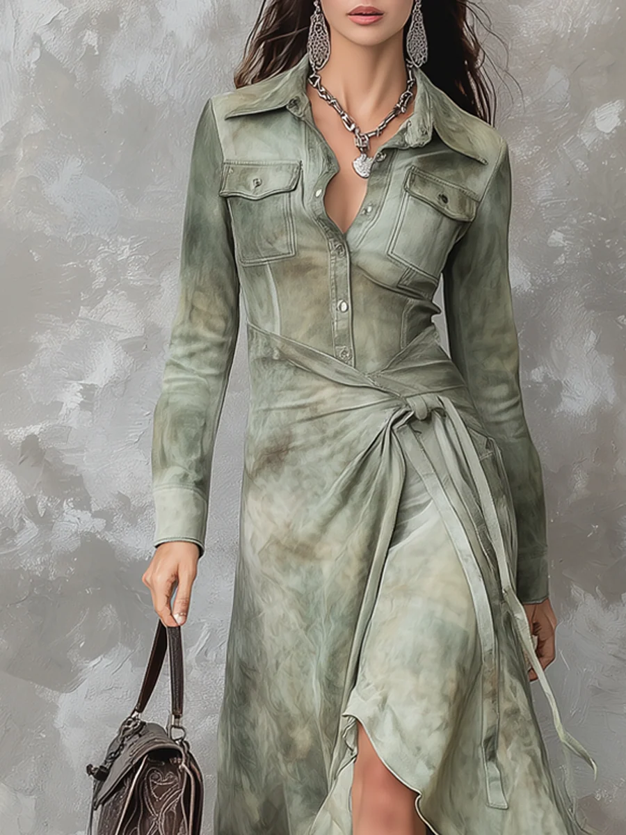 Vintage Sage Green Tie-Dye Pocket Slim Fit Maxi Dress - Flattering, Versatile, Chic