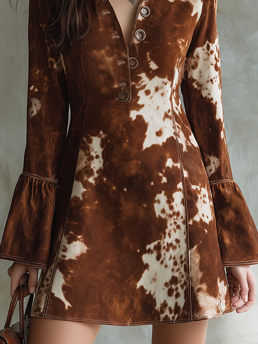 Retro Cow Print Mini Dress with Flared Sleeves - Chic & Stylish