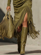Olive Green Faux Suede Midi Dress with High Neck, Pleated Tassel Wrap, and Ruching