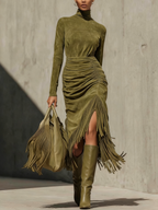 Olive Green Faux Suede Midi Dress with High Neck, Pleated Tassel Wrap, and Ruching