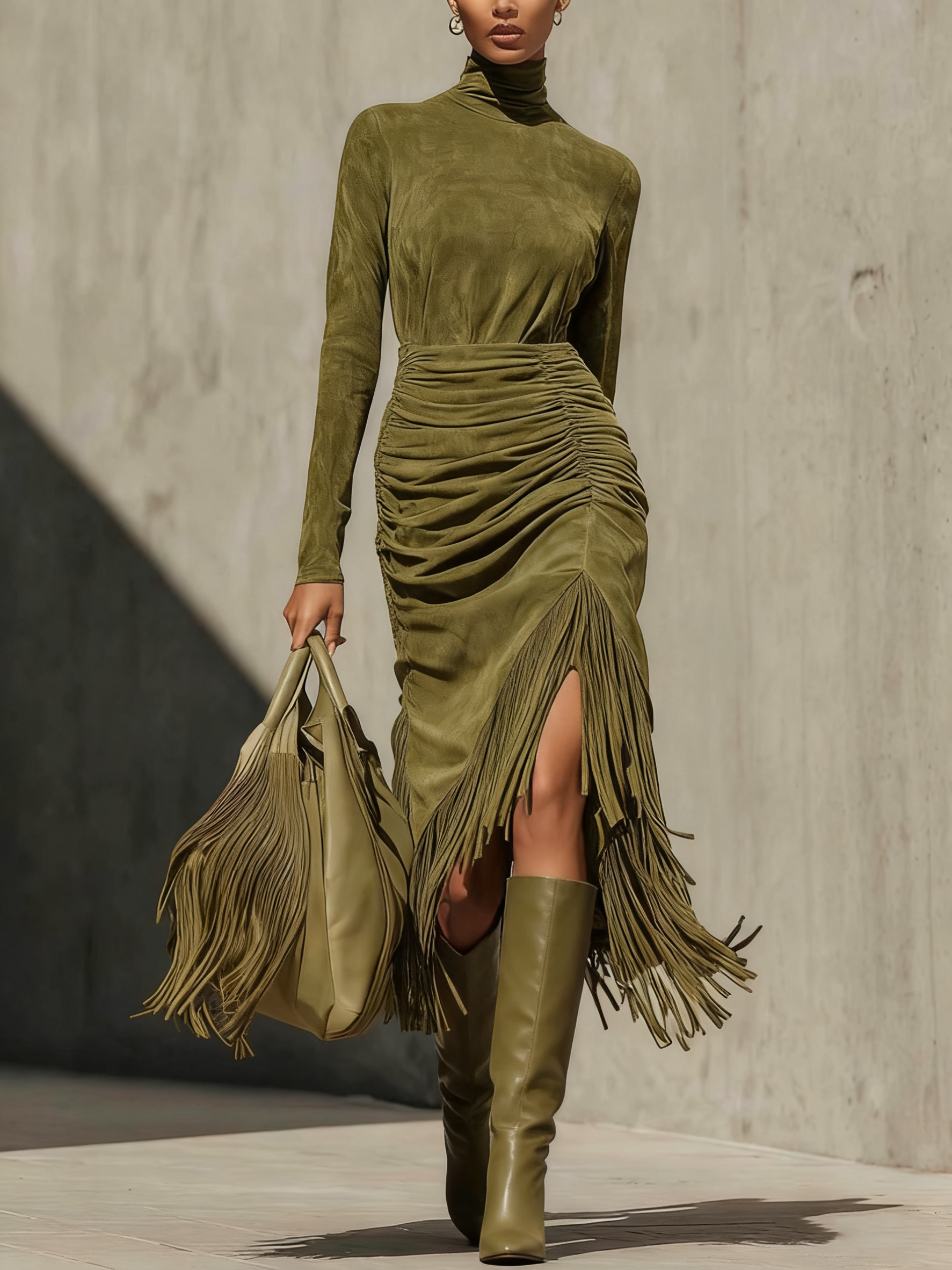 Olive Green Faux Suede Midi Dress with High Neck, Pleated Tassel Wrap, and Ruching