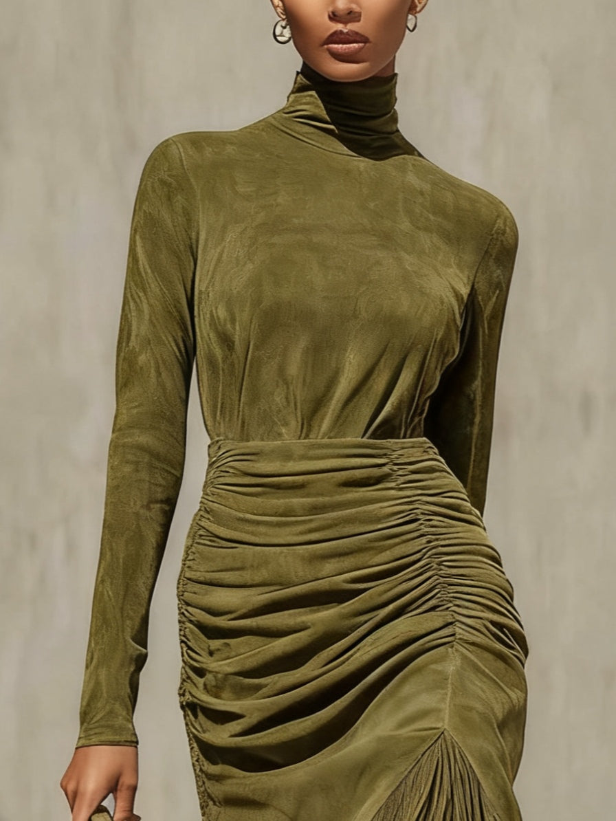 Olive Green Faux Suede Midi Dress with High Neck, Pleated Tassel Wrap, and Ruching