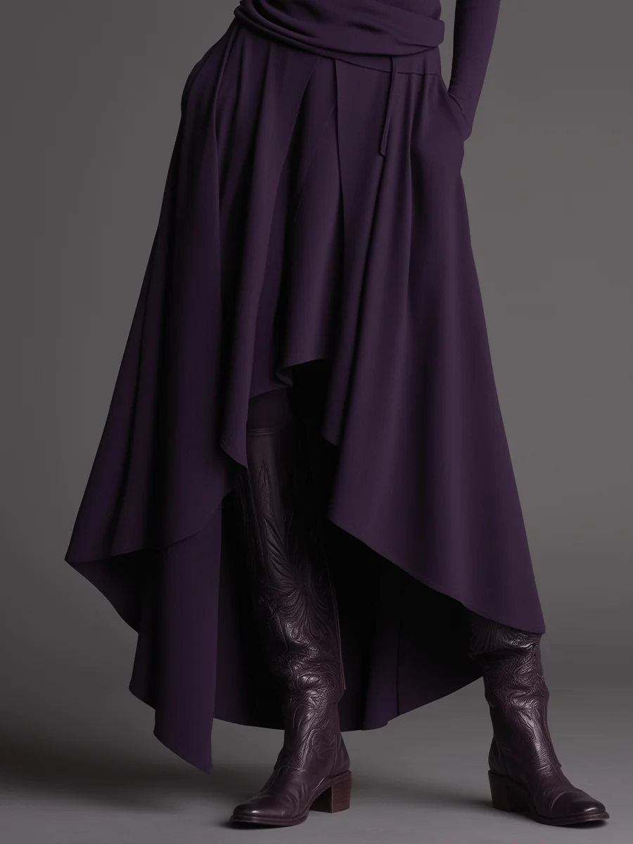 Elegant Purple Turtleneck Top & Asymmetrical Maxi Skirt Set - Boho Chic Two-Piece Outfit