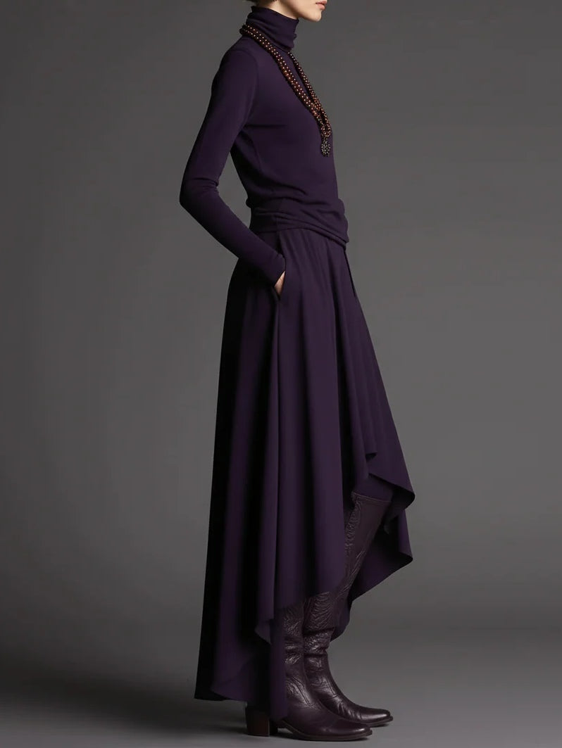 Elegant Purple Turtleneck Top & Asymmetrical Maxi Skirt Set - Boho Chic Two-Piece Outfit