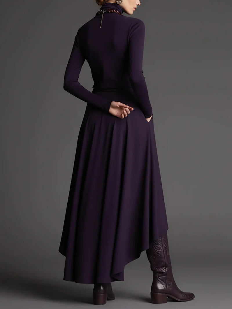 Elegant Purple Turtleneck Top & Asymmetrical Maxi Skirt Set - Boho Chic Two-Piece Outfit