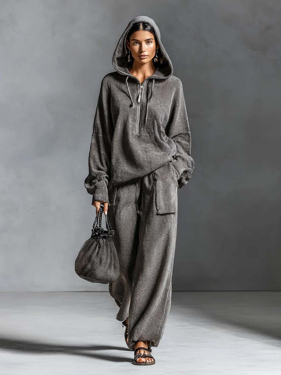 Men's Dark Gray Casual Corduroy Hooded Sweatshirt and Straight-leg Pants Two-piece Set