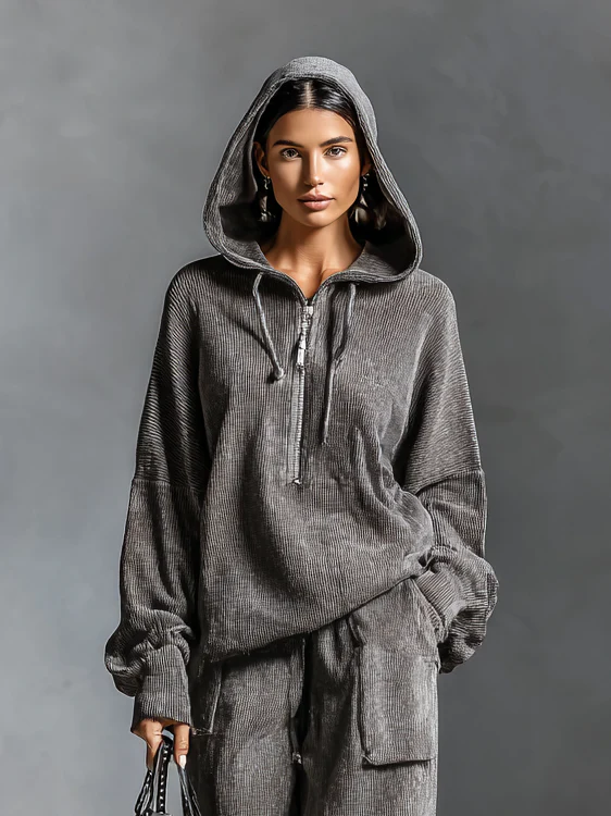 Men's Dark Gray Casual Corduroy Hooded Sweatshirt and Straight-leg Pants Two-piece Set