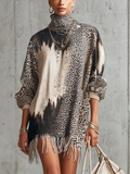 Leopard Print Tie-Dye High Neck Fringed Mini Dress - Chic & Cozy
