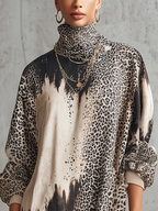 Leopard Print Tie-Dye High Neck Fringed Mini Dress - Chic & Cozy