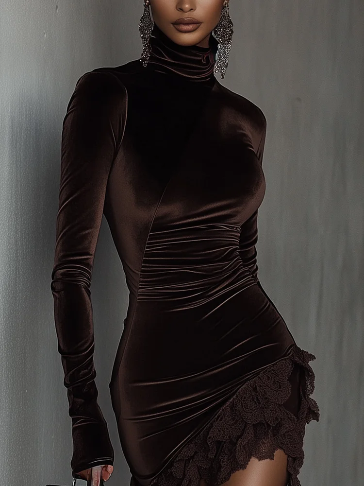 Women's Chocolate Velvet Turtleneck Lace Hem Fitted Mini Dress - Elegant & Sophisticated Evening Wear