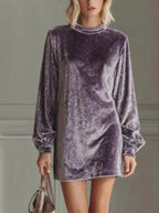 Luxurious Velvet Round Neck Long Sleeve Loose Fit Mini Dress - Perfect for Vacation Wear