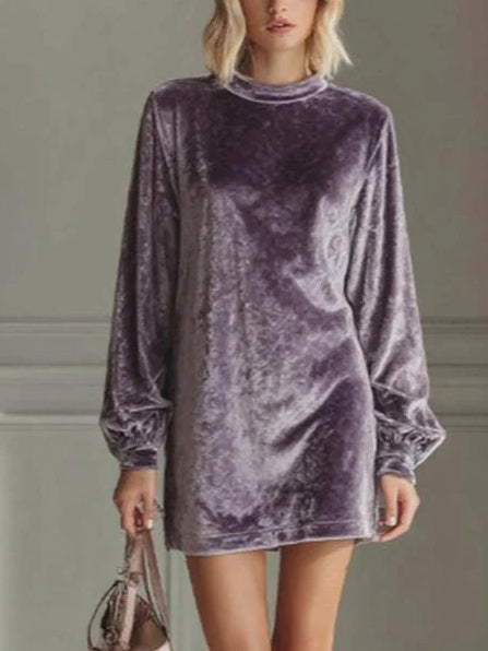Luxurious Velvet Round Neck Long Sleeve Loose Fit Mini Dress - Perfect for Vacation Wear