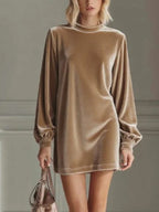 Luxurious Velvet Round Neck Long Sleeve Loose Fit Mini Dress - Perfect for Vacation Wear