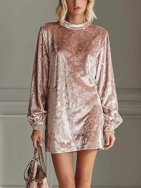 Luxurious Velvet Round Neck Long Sleeve Loose Fit Mini Dress - Perfect for Vacation Wear