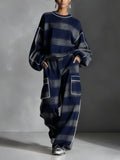 Men's Blue and Gray Plaid Color-Blocked Sweatshirt and Casual Pants Two-Piece Set - Trendy Streetwear Fashion