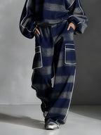 Men's Blue and Gray Plaid Color-Blocked Sweatshirt and Casual Pants Two-Piece Set - Trendy Streetwear Fashion