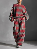 Chic Red and Gray Plaid Color-Blocked Sweatshirt and Casual Pants Two-Piece Set - Street Style Athleisure