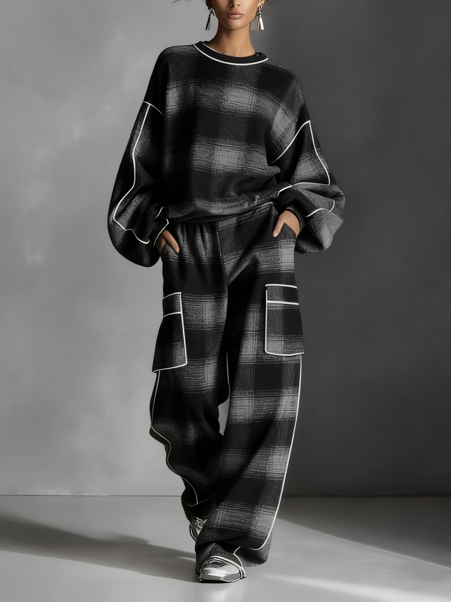 Men's Black & Gray Plaid Color-Blocked Sweatshirt and Casual Pants Two-Piece Set - Street Style Comfort