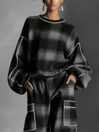 Men's Black & Gray Plaid Color-Blocked Sweatshirt and Casual Pants Two-Piece Set - Street Style Comfort